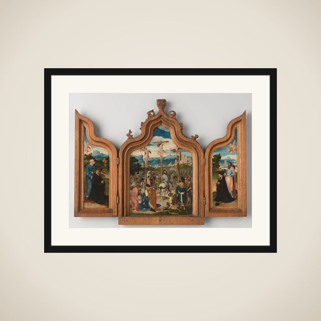 Triptych with the Crucifixion (centre panel), St Peter and a Male Donor (inner left wing), St James and a Female Donor (inner right wing), St Christopher and the Christ Child on the Road of Life (outer wings) framed