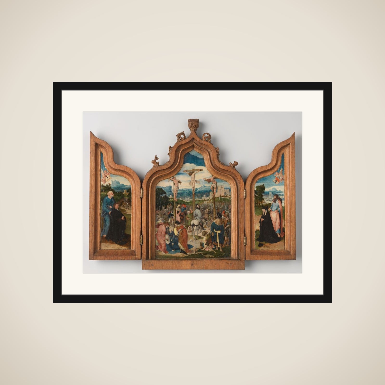 Triptych with the Crucifixion (centre panel), St Peter and a Male Donor (inner left wing), St James and a Female Donor (inner right wing), St Christopher and the Christ Child on the Road of Life (outer wings) framed