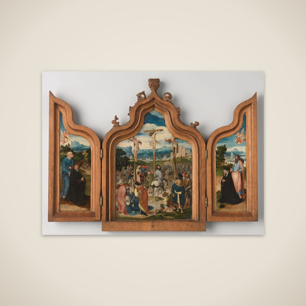 Triptych with the Crucifixion (centre panel), St Peter and a Male Donor (inner left wing), St James and a Female Donor (inner right wing), St Christopher and the Christ Child on the Road of Life (outer wings) unframed print