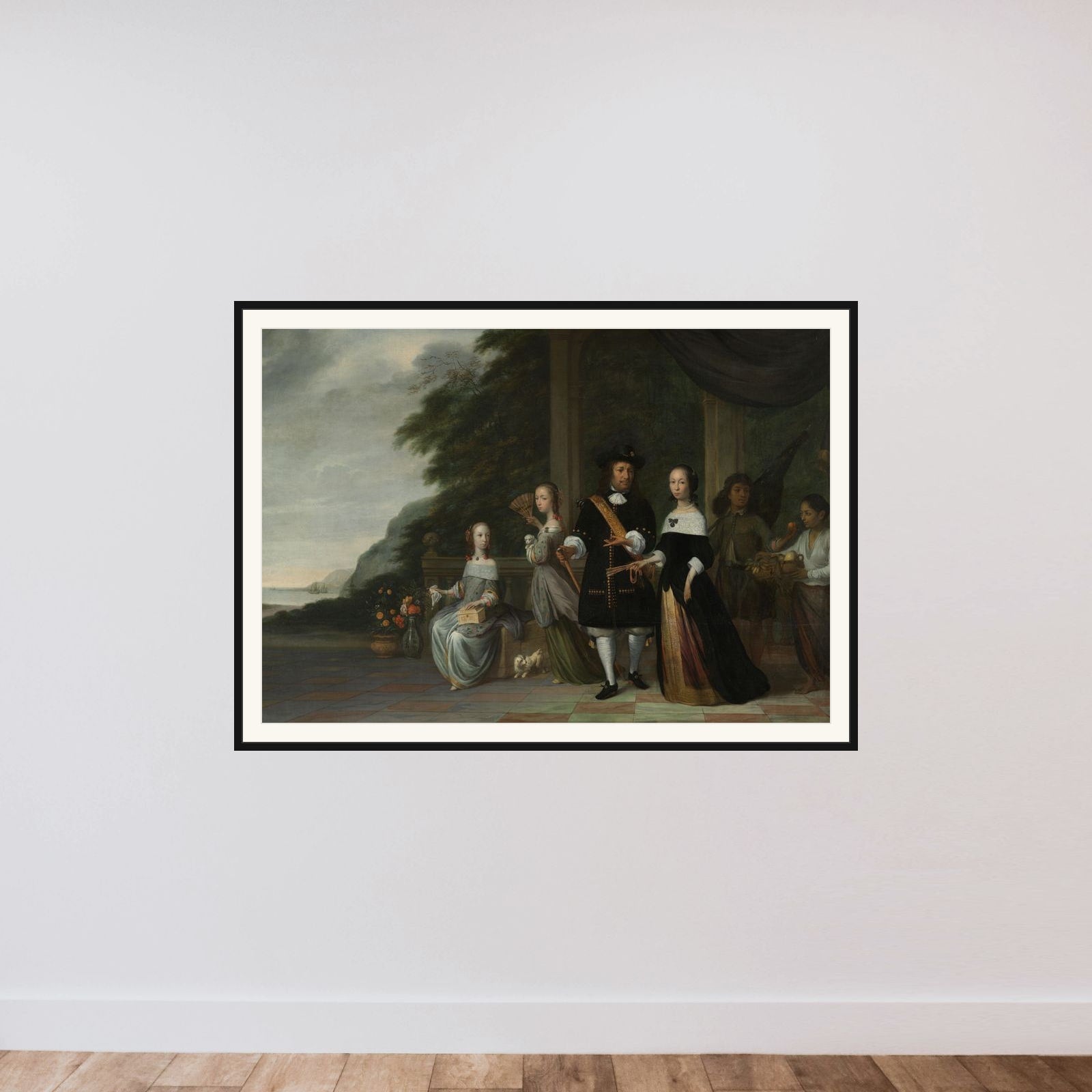Pieter Cnoll. Senior Merchant of Batavia, his Wife Cornelia van Nijenroode and their Daughters Catharina (b. 1653) en Hester (b. 1659) framed — shown to scale