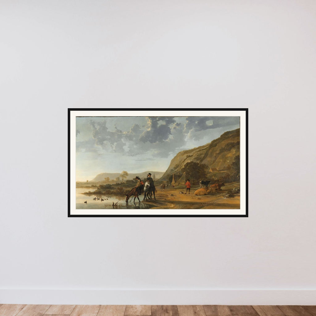 River Landscape near Nijmegen with Riders Watering their Horses framed — shown to scale