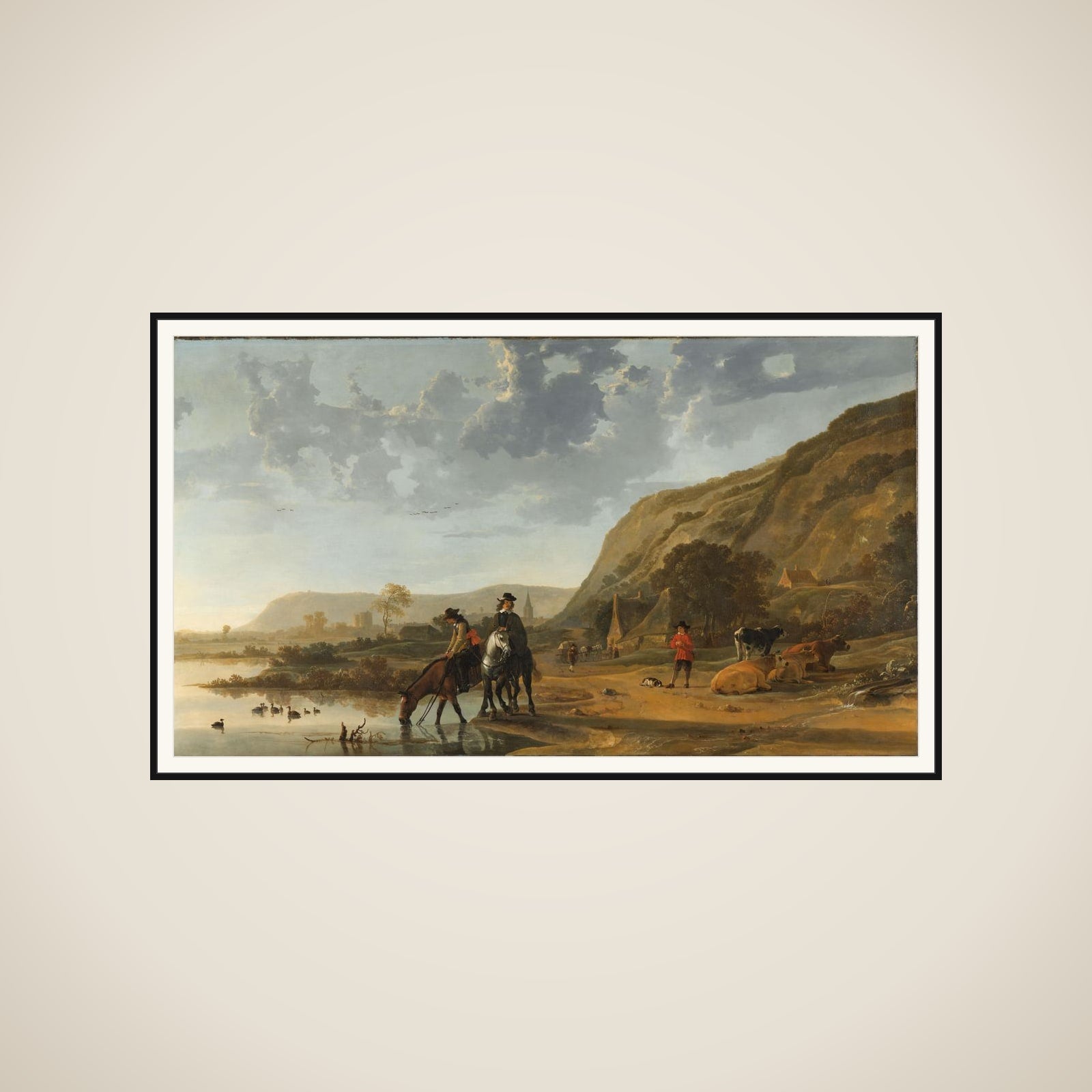 River Landscape near Nijmegen with Riders Watering their Horses framed