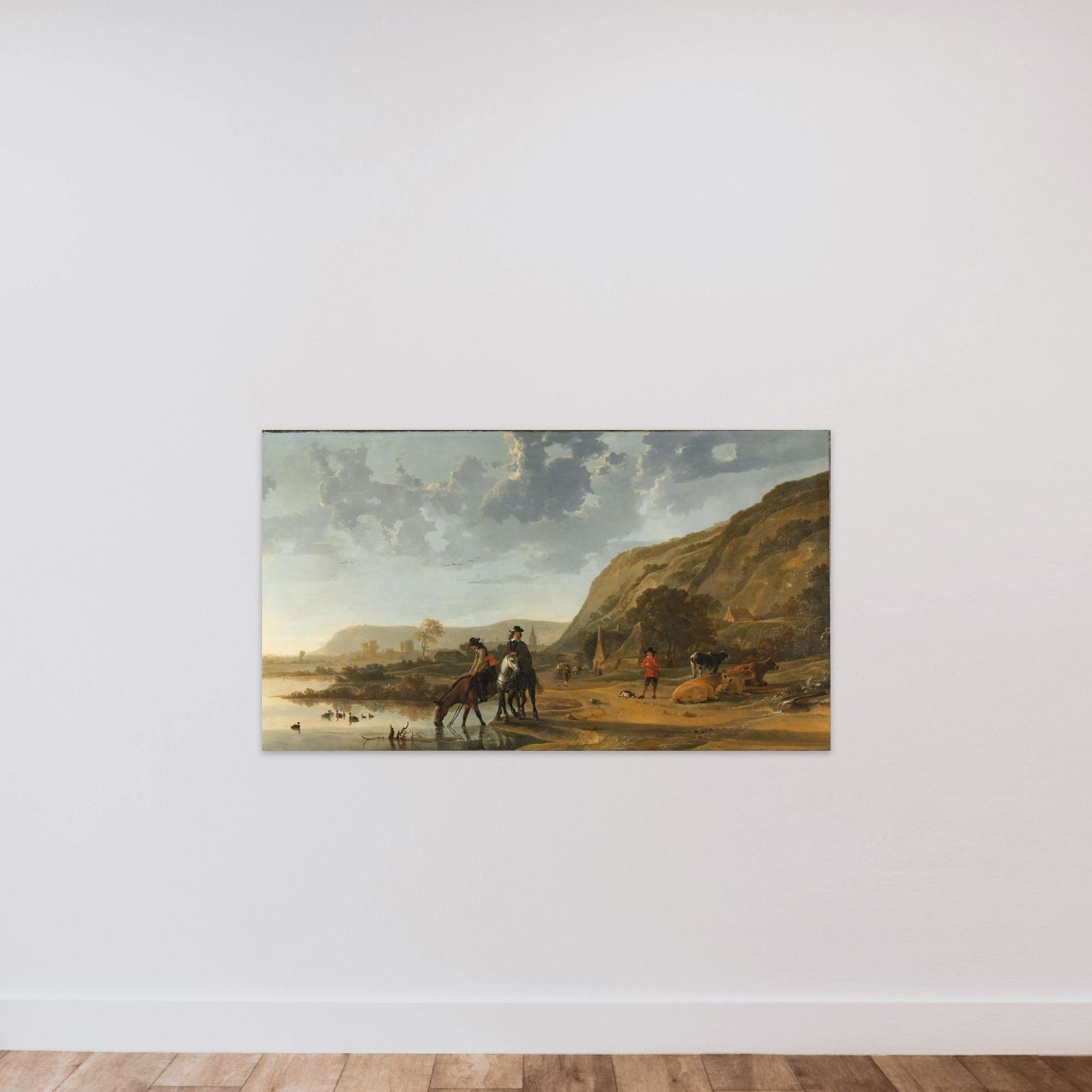 River Landscape near Nijmegen with Riders Watering their Horses unframed — shown to scale