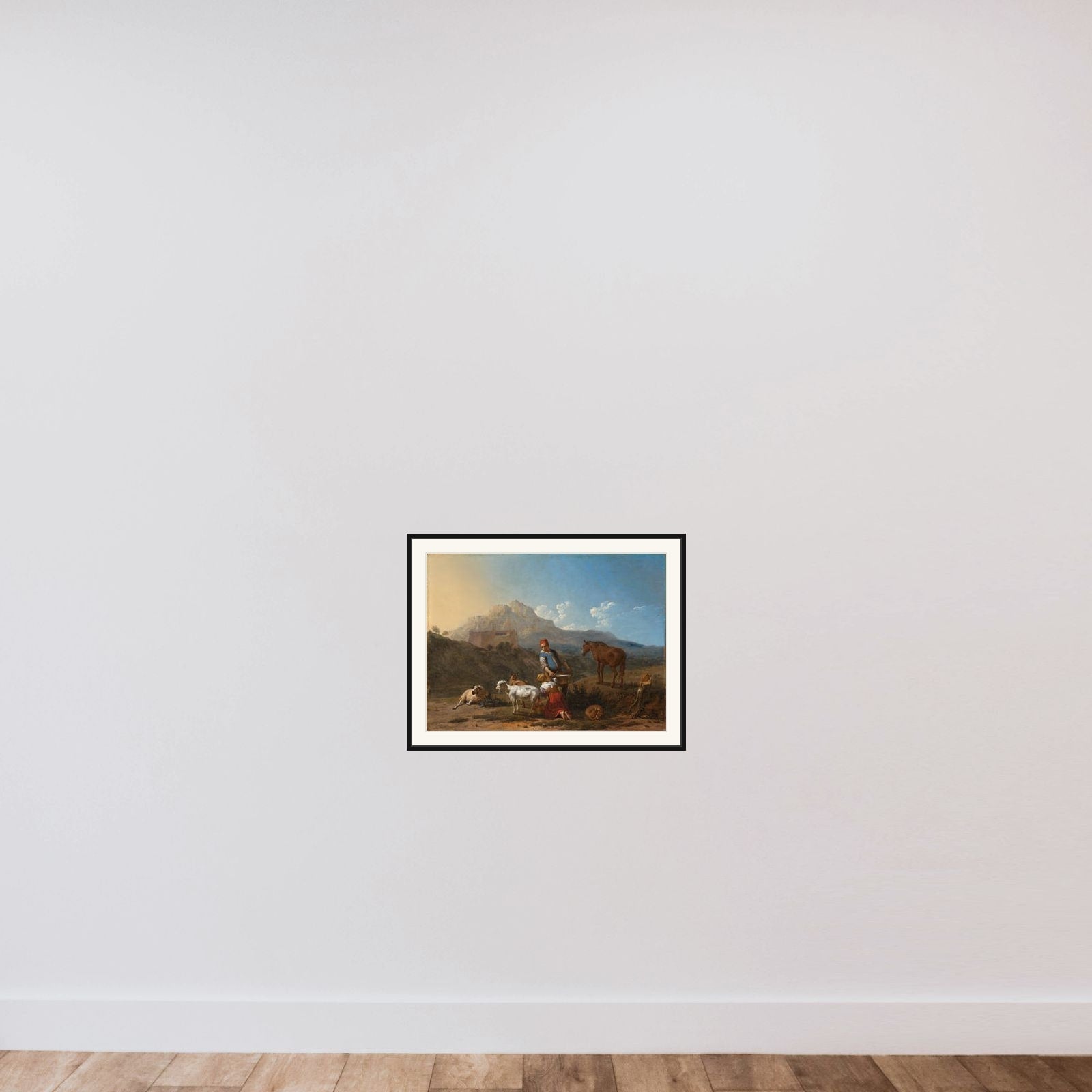 Italian Landscape with Girl milking a Goat framed — shown to scale