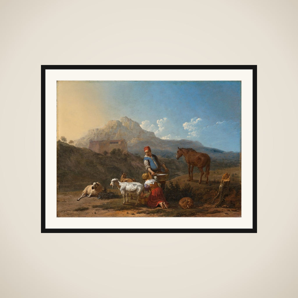 Italian Landscape with Girl milking a Goat framed
