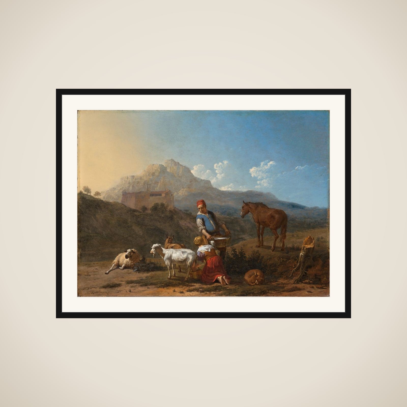 Italian Landscape with Girl milking a Goat framed