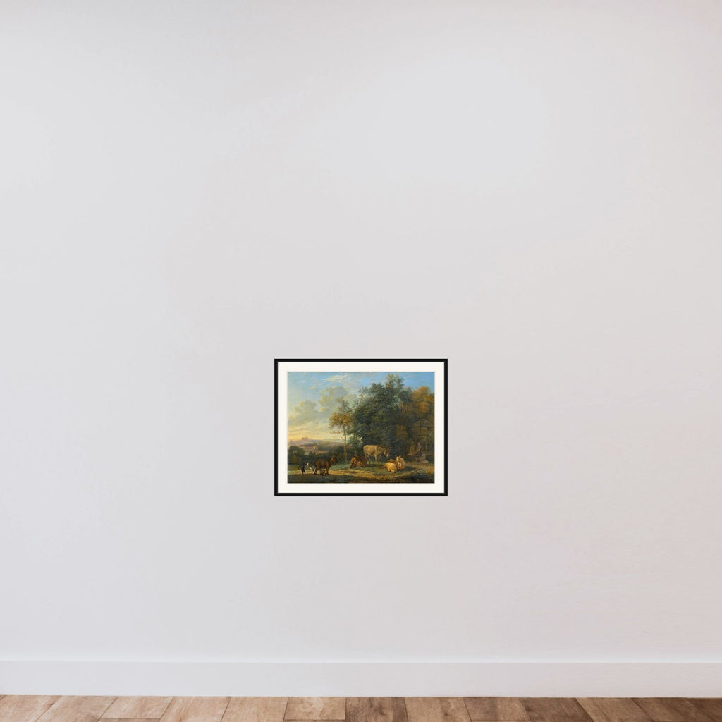 Landscape with two Donkeys, goats and Pigs framed — shown to scale