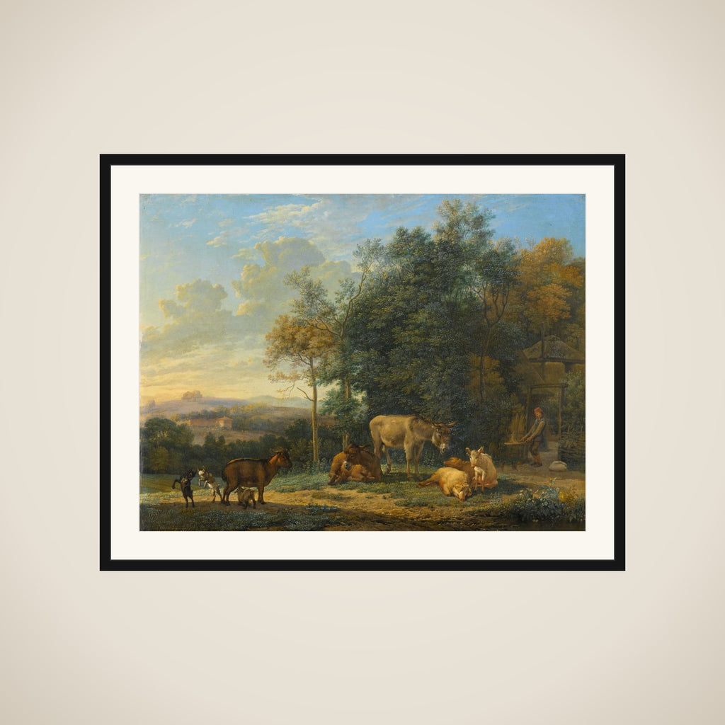 Landscape with two Donkeys, goats and Pigs framed