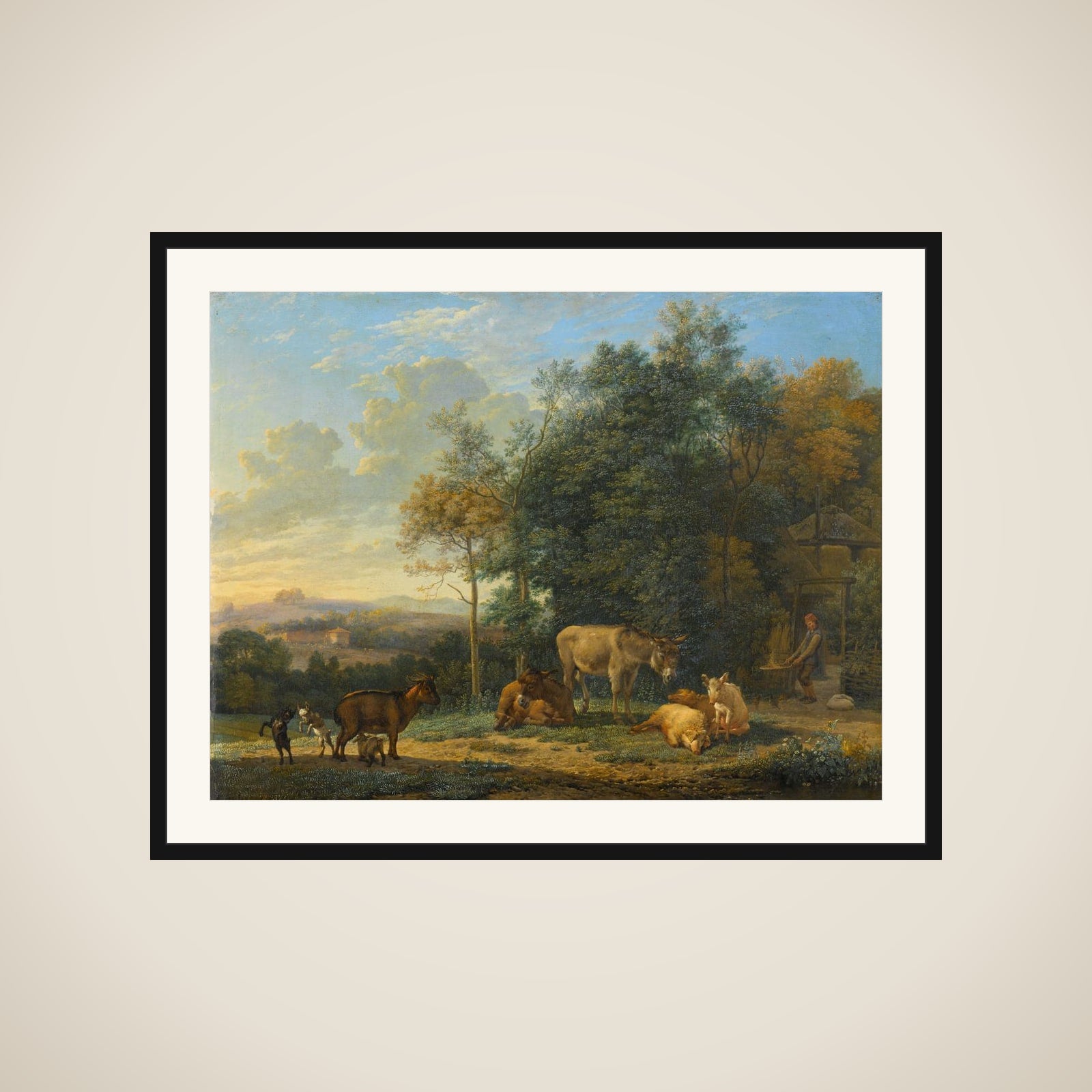 Landscape with two Donkeys, goats and Pigs framed