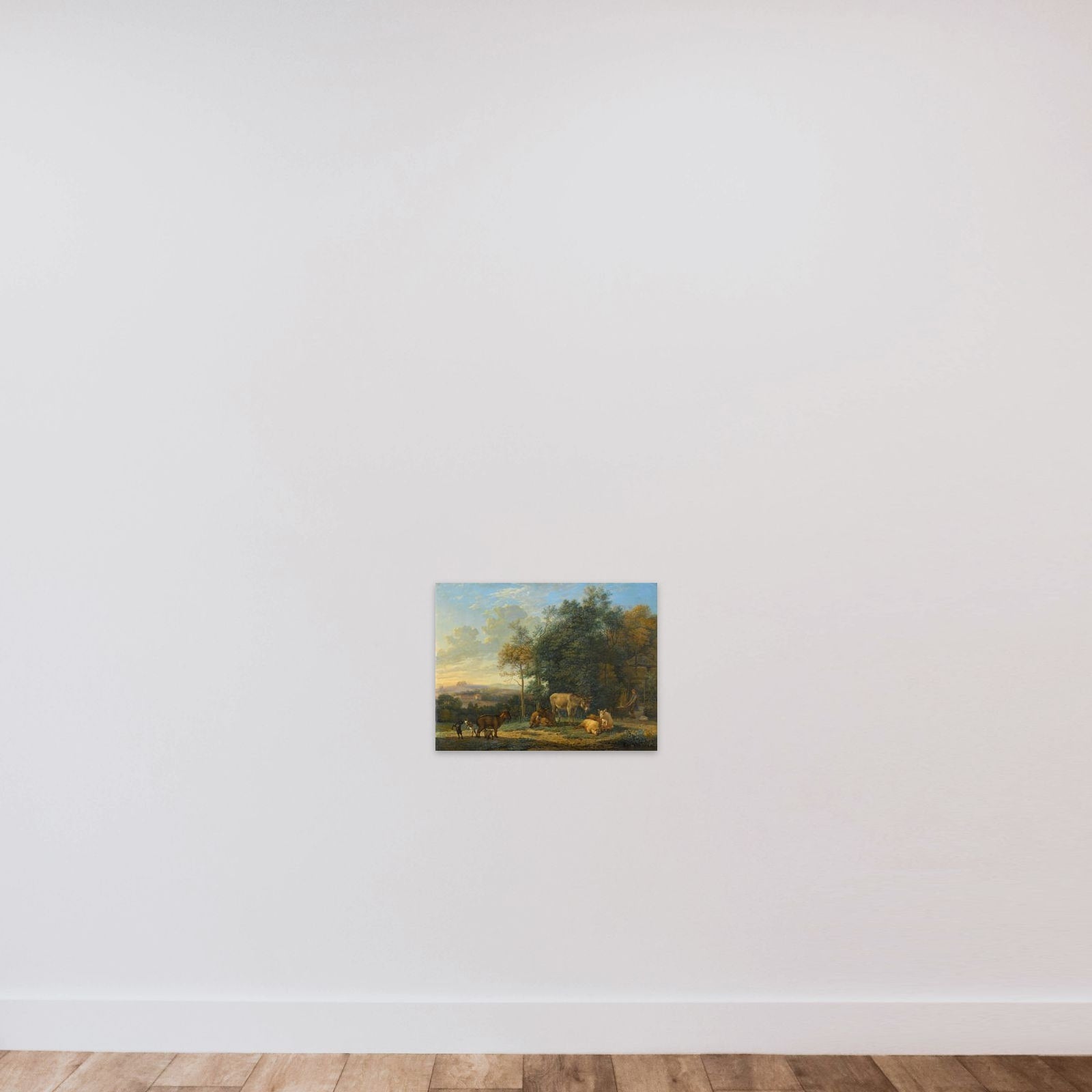 Landscape with two Donkeys, goats and Pigs unframed — shown to scale