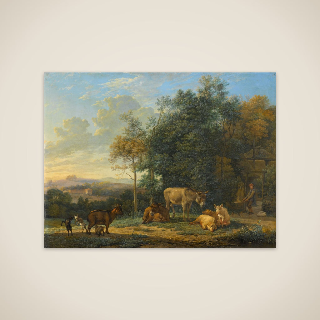 Landscape with two Donkeys, goats and Pigs unframed print
