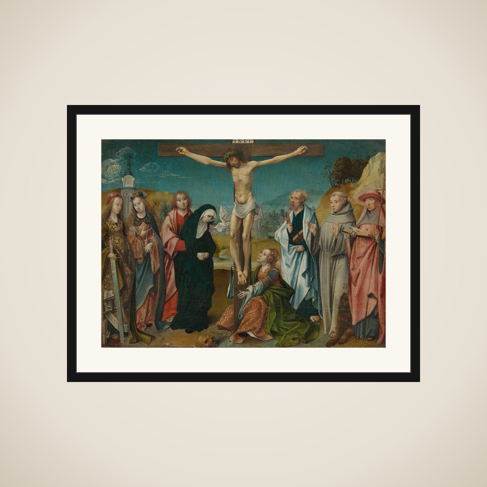 Christ on the Cross, with Mary, John, Mary Magdalene and Sts Cecilia and Barbara (left) and Peter, Francis and Jerome (right) framed