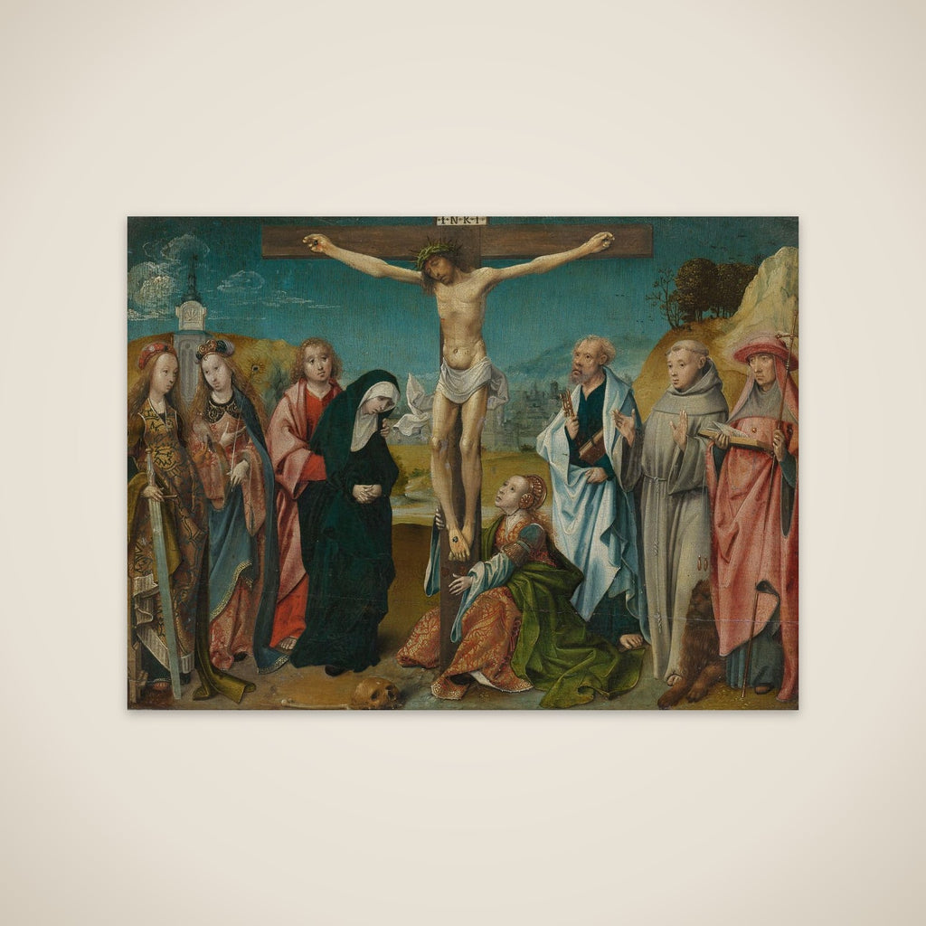 Christ on the Cross, with Mary, John, Mary Magdalene and Sts Cecilia and Barbara (left) and Peter, Francis and Jerome (right) unframed print