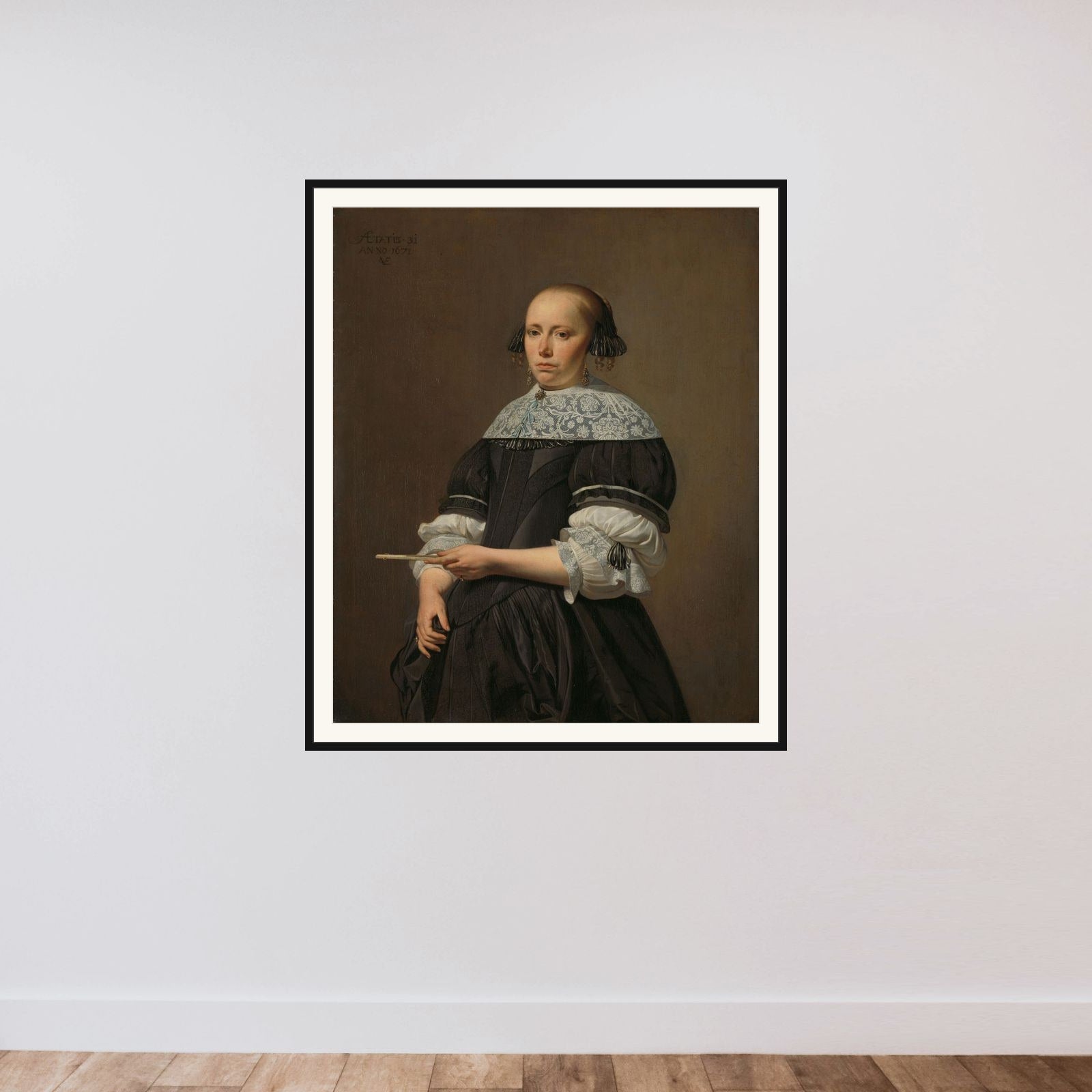 Portrait of Elisabeth Pietersdr Kessels (1640-1717) framed — shown to scale