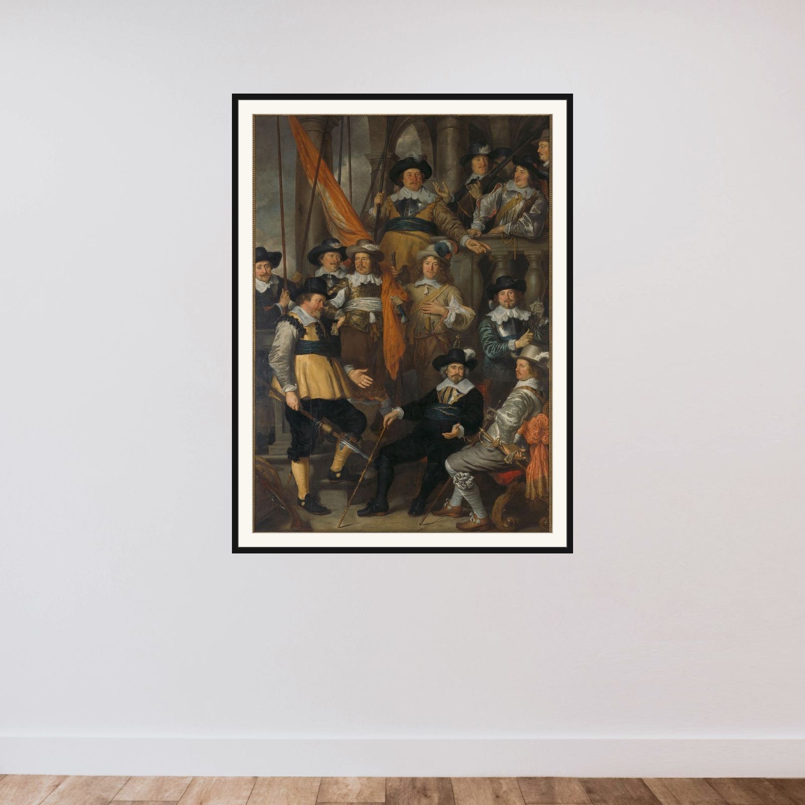 Officers and Other Civic Guardsmen of District XVIII in Amsterdam, under the Command of Captain Albert Dircksz Bas and Lieutenant Lucas Pietersz Conijn framed — shown to scale