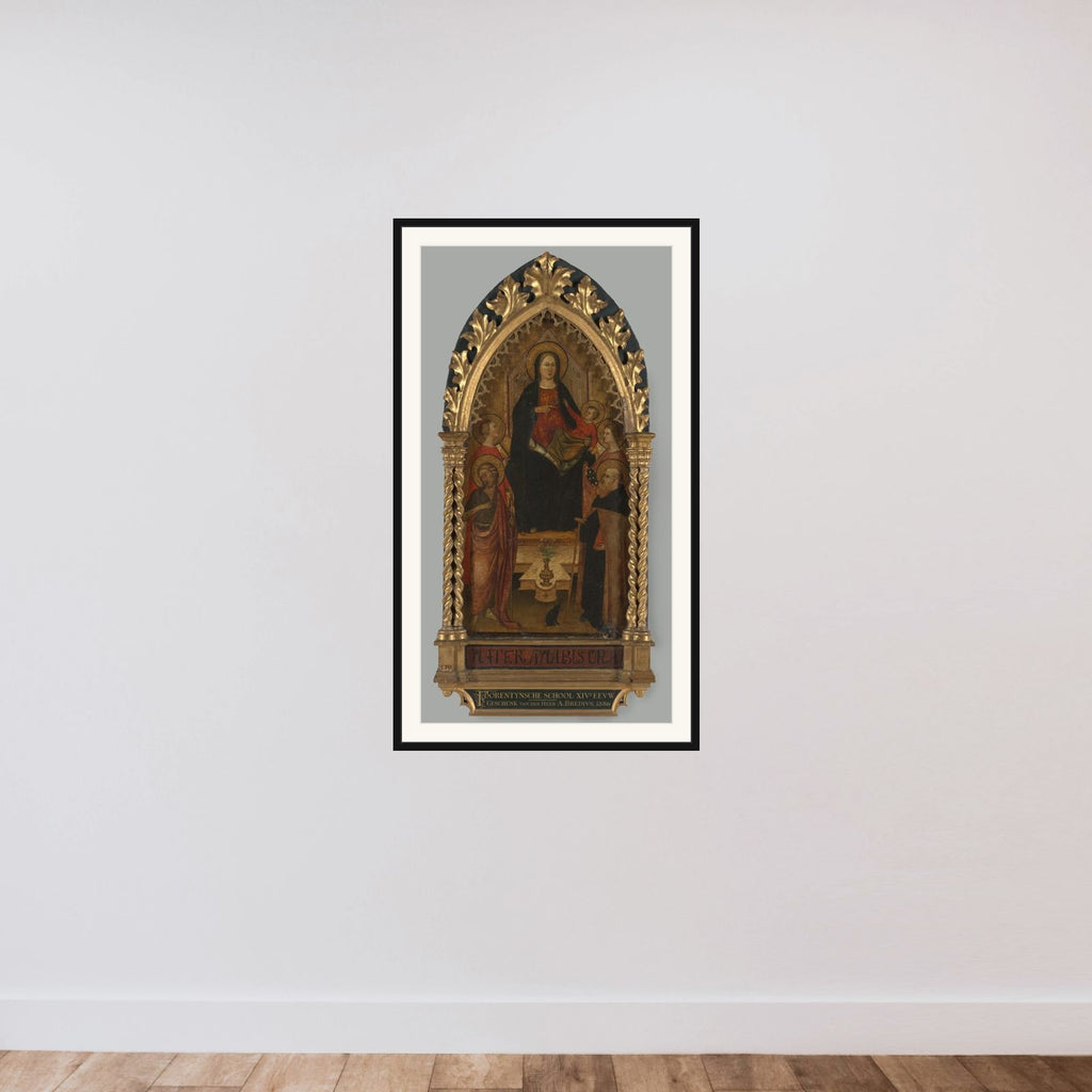Virgin and Child Enthroned with Four Saints, Saints John the Baptist, Antony Abbot, Elizabeth of Hungary, a female saint framed — shown to scale