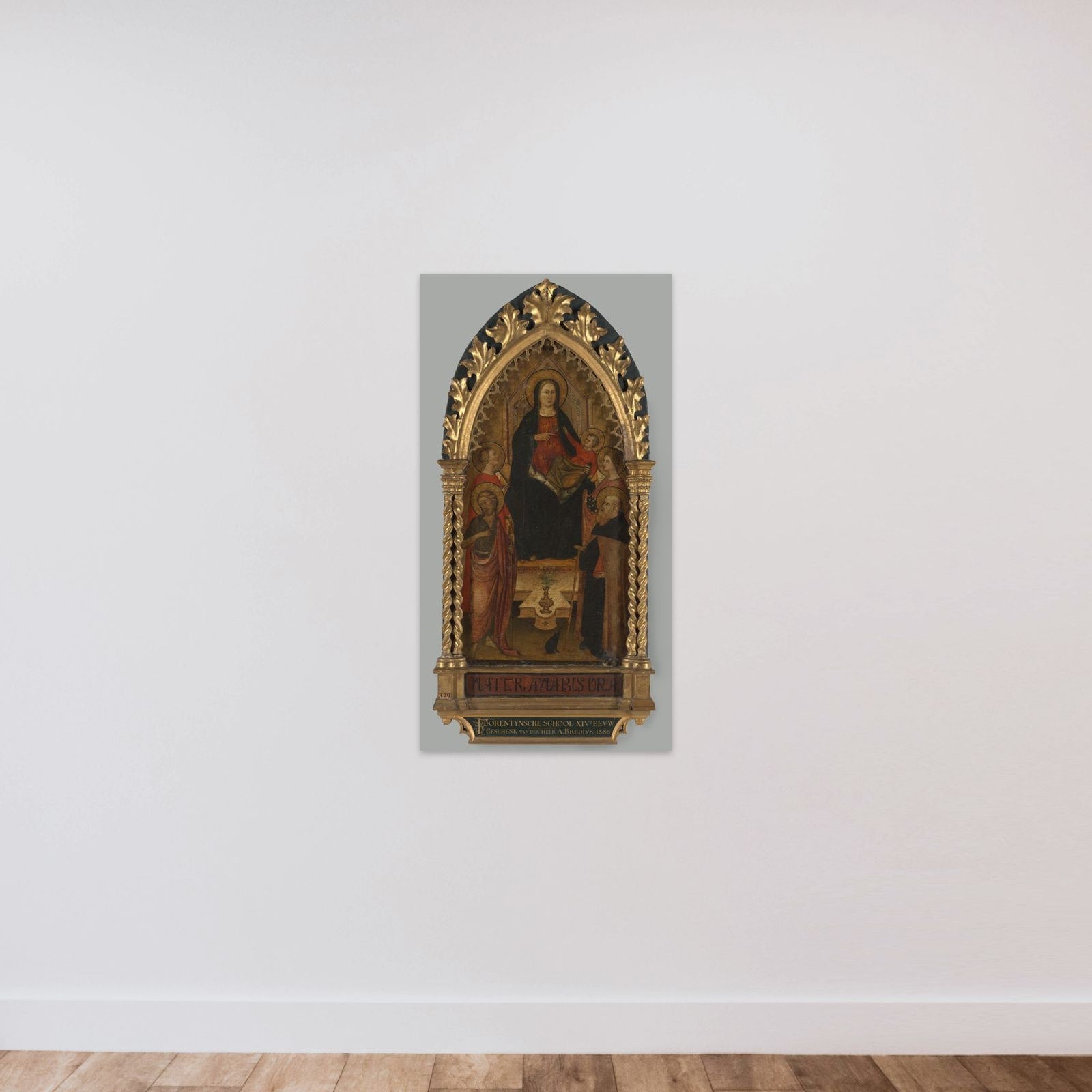Virgin and Child Enthroned with Four Saints, Saints John the Baptist, Antony Abbot, Elizabeth of Hungary, a female saint unframed — shown to scale