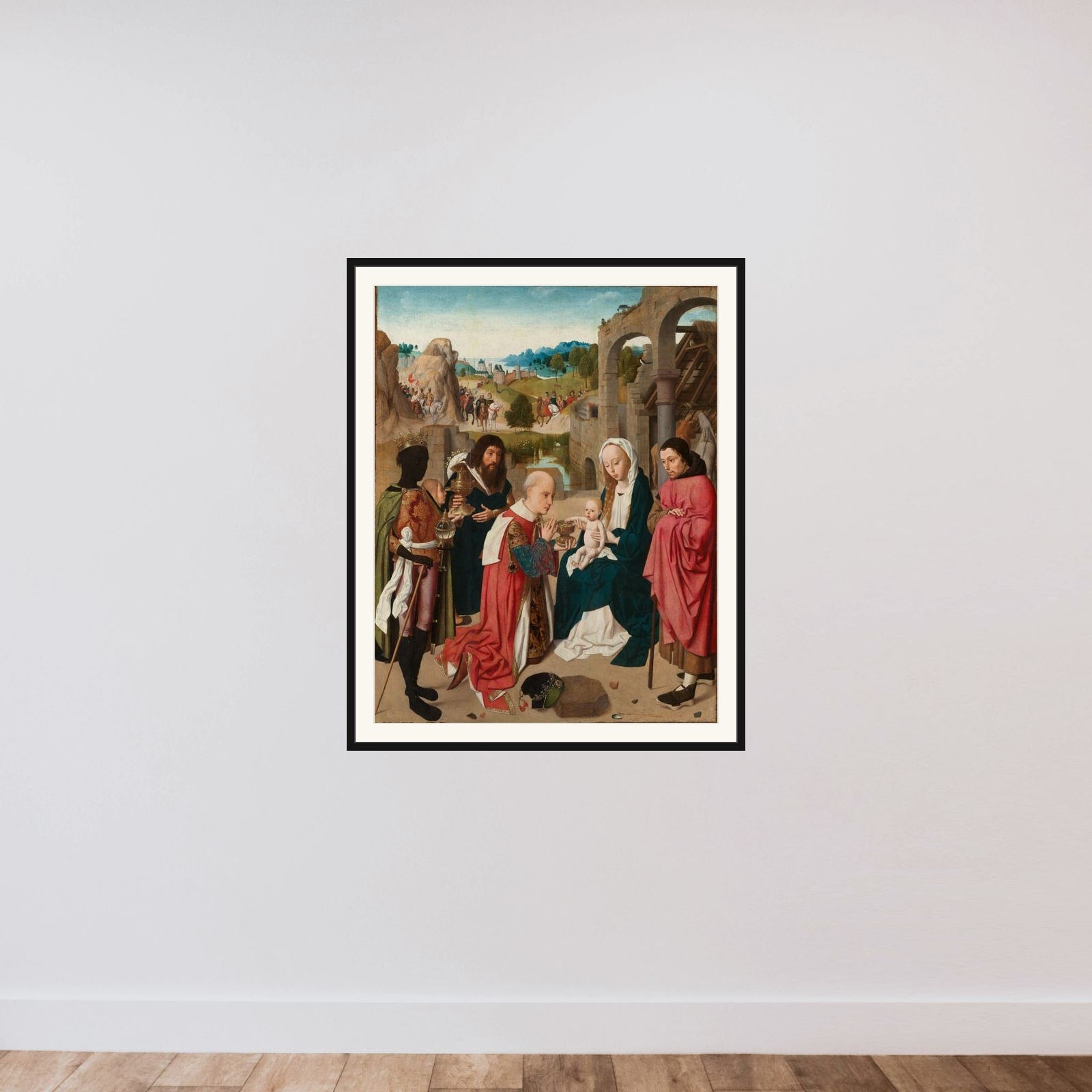 The Adoration of the Magi framed — shown to scale