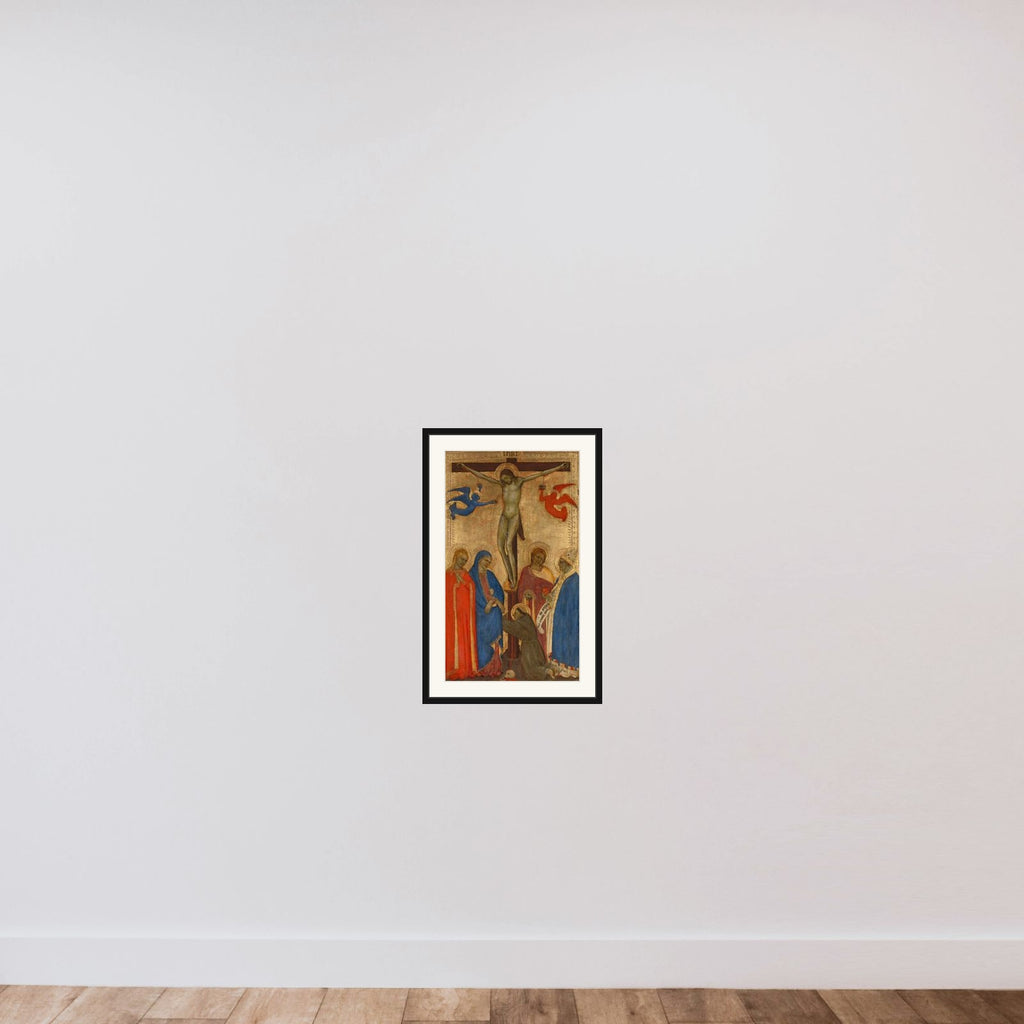 Christ on the Cross with Mary, Sts Mary Magdalene, John the Baptist, Ambrose of Milan (?) and Francis of Assisi framed — shown to scale