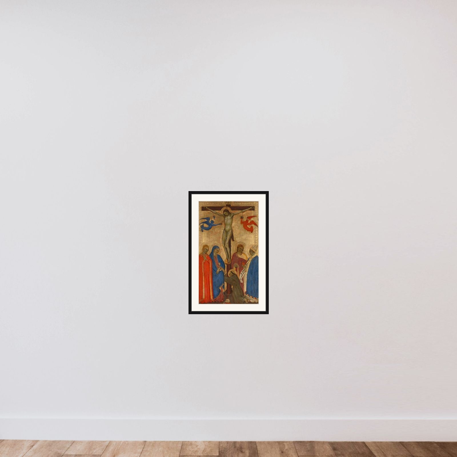 Christ on the Cross with Mary, Sts Mary Magdalene, John the Baptist, Ambrose of Milan (?) and Francis of Assisi framed — shown to scale