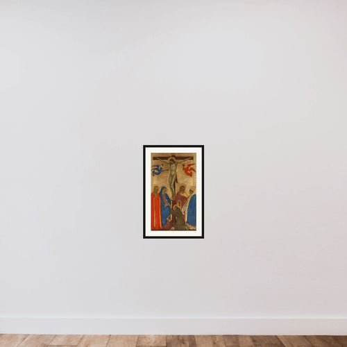 Christ on the Cross with Mary, Sts Mary Magdalene, John the Baptist, Ambrose of Milan (?) and Francis of Assisi framed — shown to scale