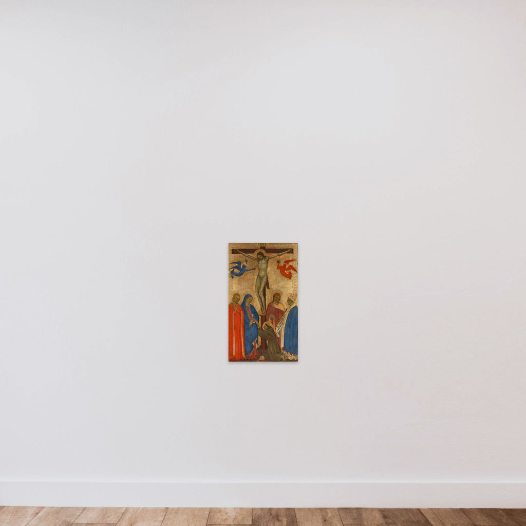 Christ on the Cross with Mary, Sts Mary Magdalene, John the Baptist, Ambrose of Milan (?) and Francis of Assisi unframed — shown to scale