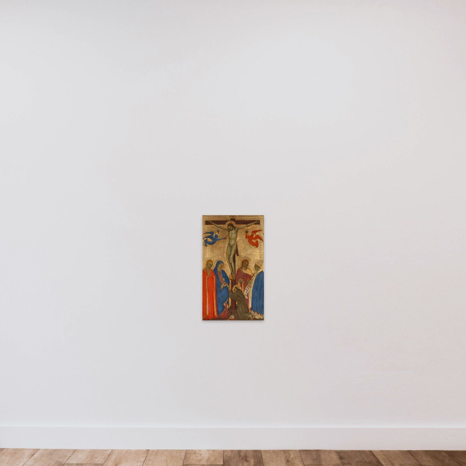 Christ on the Cross with Mary, Sts Mary Magdalene, John the Baptist, Ambrose of Milan (?) and Francis of Assisi unframed — shown to scale