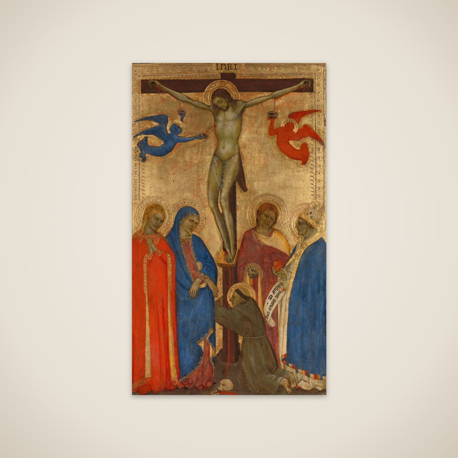 Christ on the Cross with Mary, Sts Mary Magdalene, John the Baptist, Ambrose of Milan (?) and Francis of Assisi unframed print