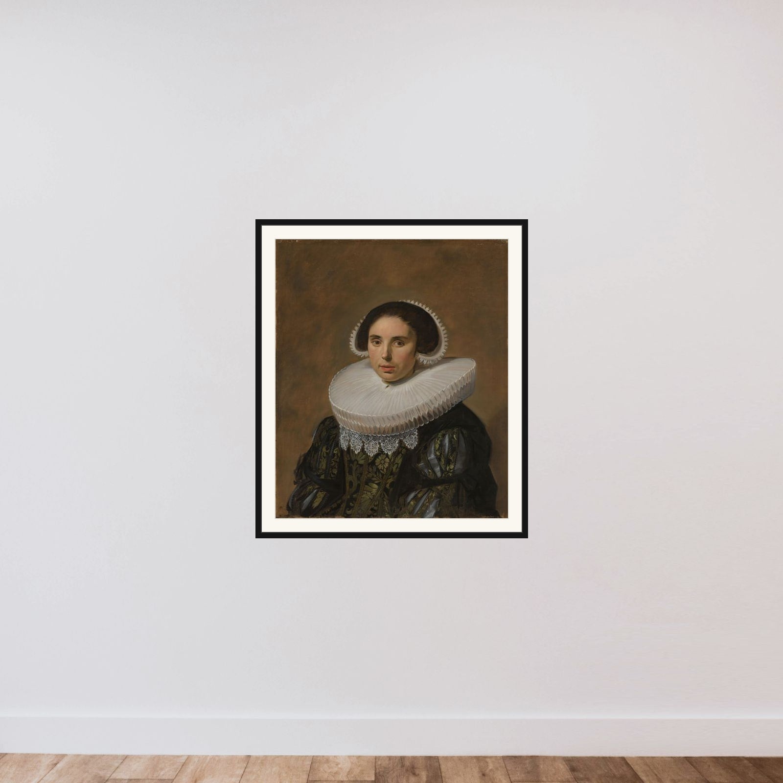 Portrait of a Woman, possibly Sara Wolphaerts van Diemen (1594-1667), second Wife of Nicolaes Hasselaer framed — shown to scale