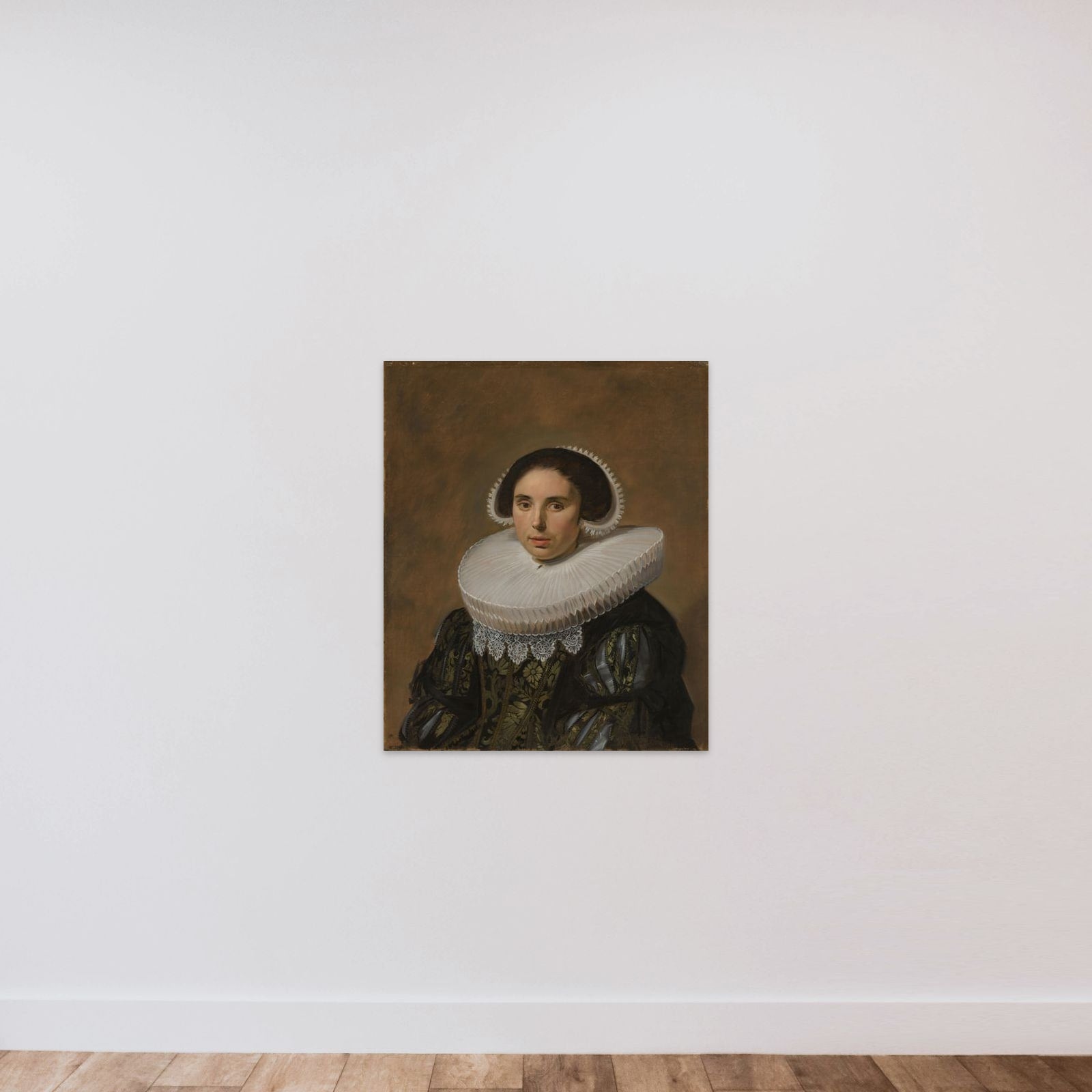 Portrait of a Woman, possibly Sara Wolphaerts van Diemen (1594-1667), second Wife of Nicolaes Hasselaer unframed — shown to scale