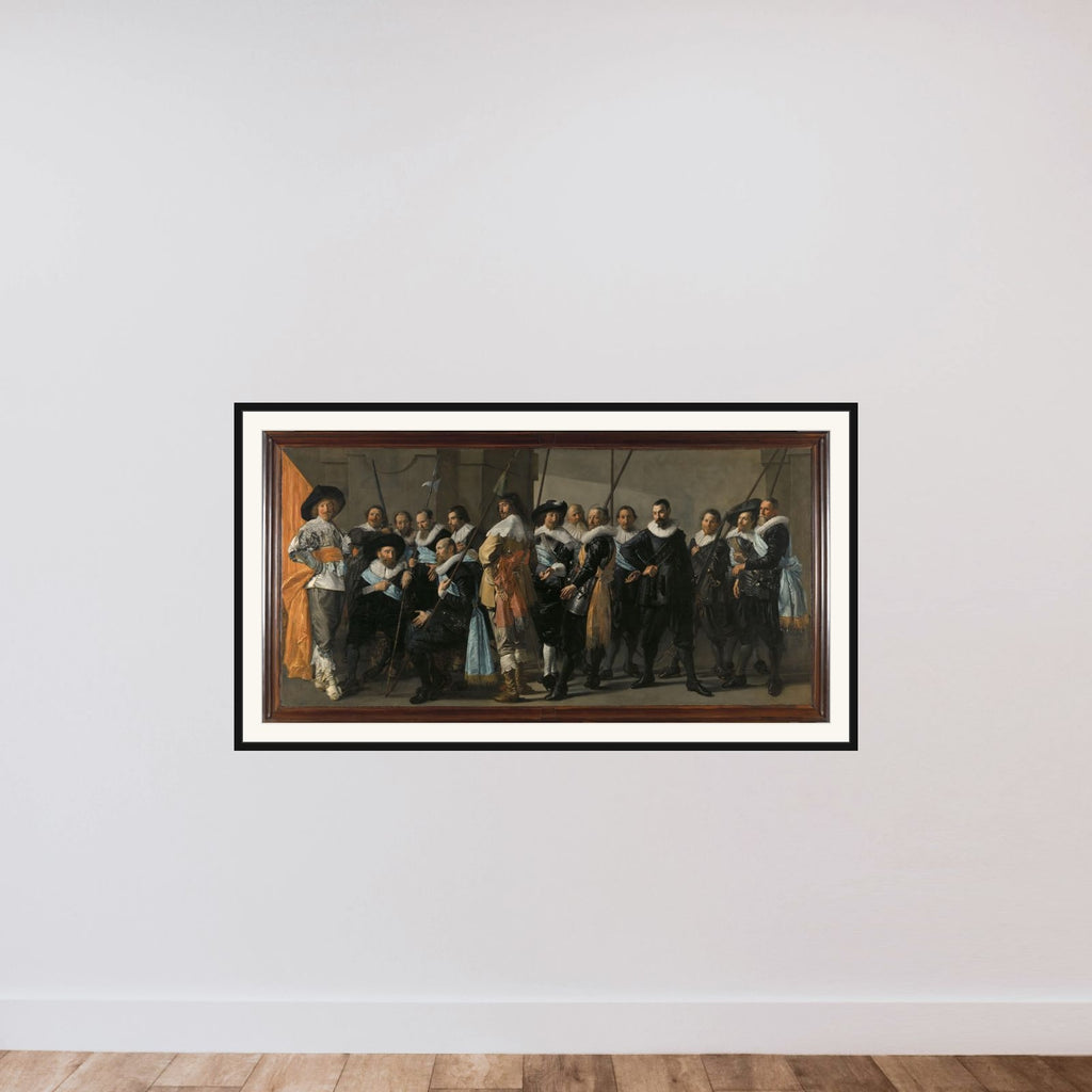 Officers and other Guardsmen of the XIth District of Amsterdam, under the Command of Captain Reijnier Reael and Lieutenant Cornelis Michielsz Blaeuw, known as the 'The Meagre Company' framed — shown to scale