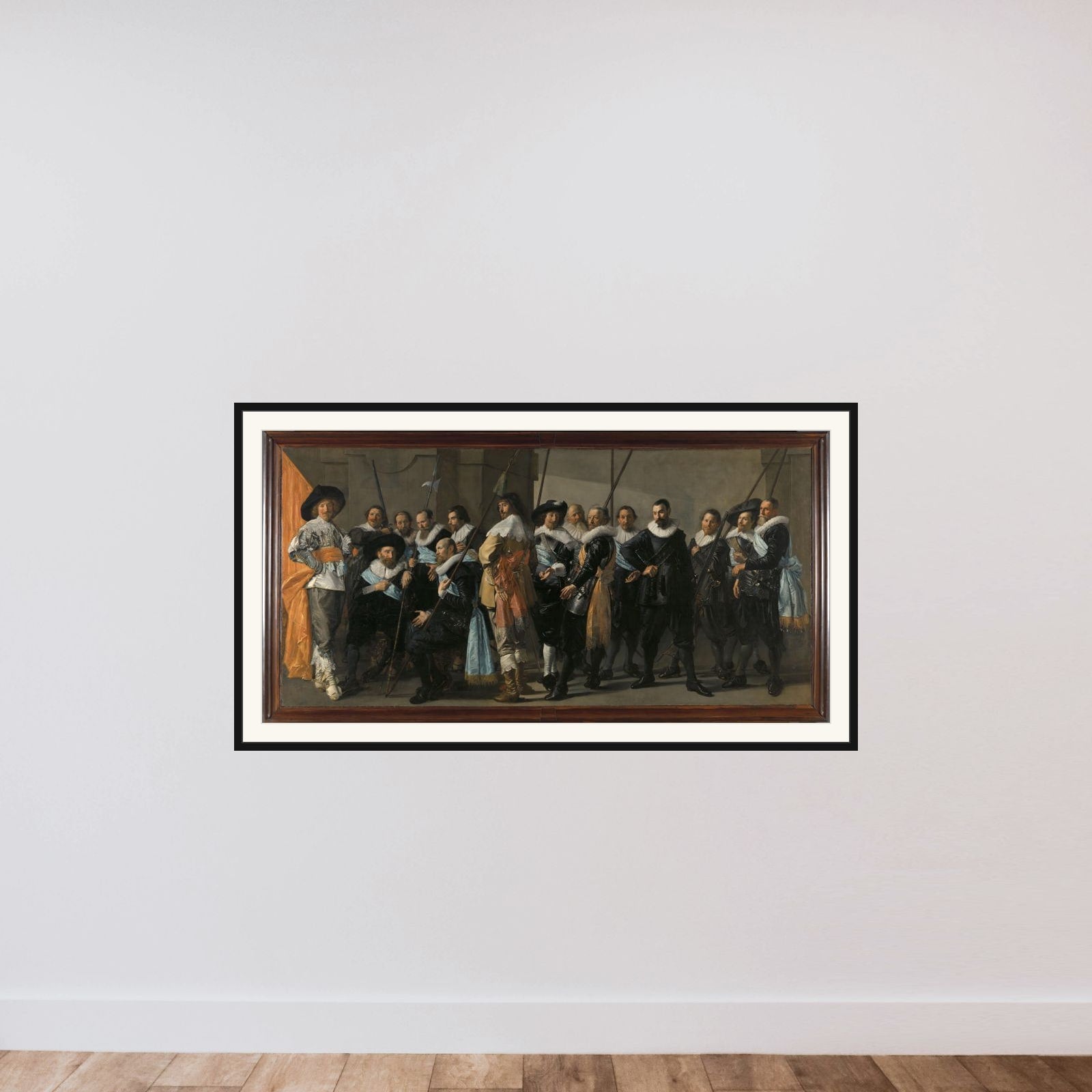 Officers and other Guardsmen of the XIth District of Amsterdam, under the Command of Captain Reijnier Reael and Lieutenant Cornelis Michielsz Blaeuw, known as the 'The Meagre Company' framed — shown to scale