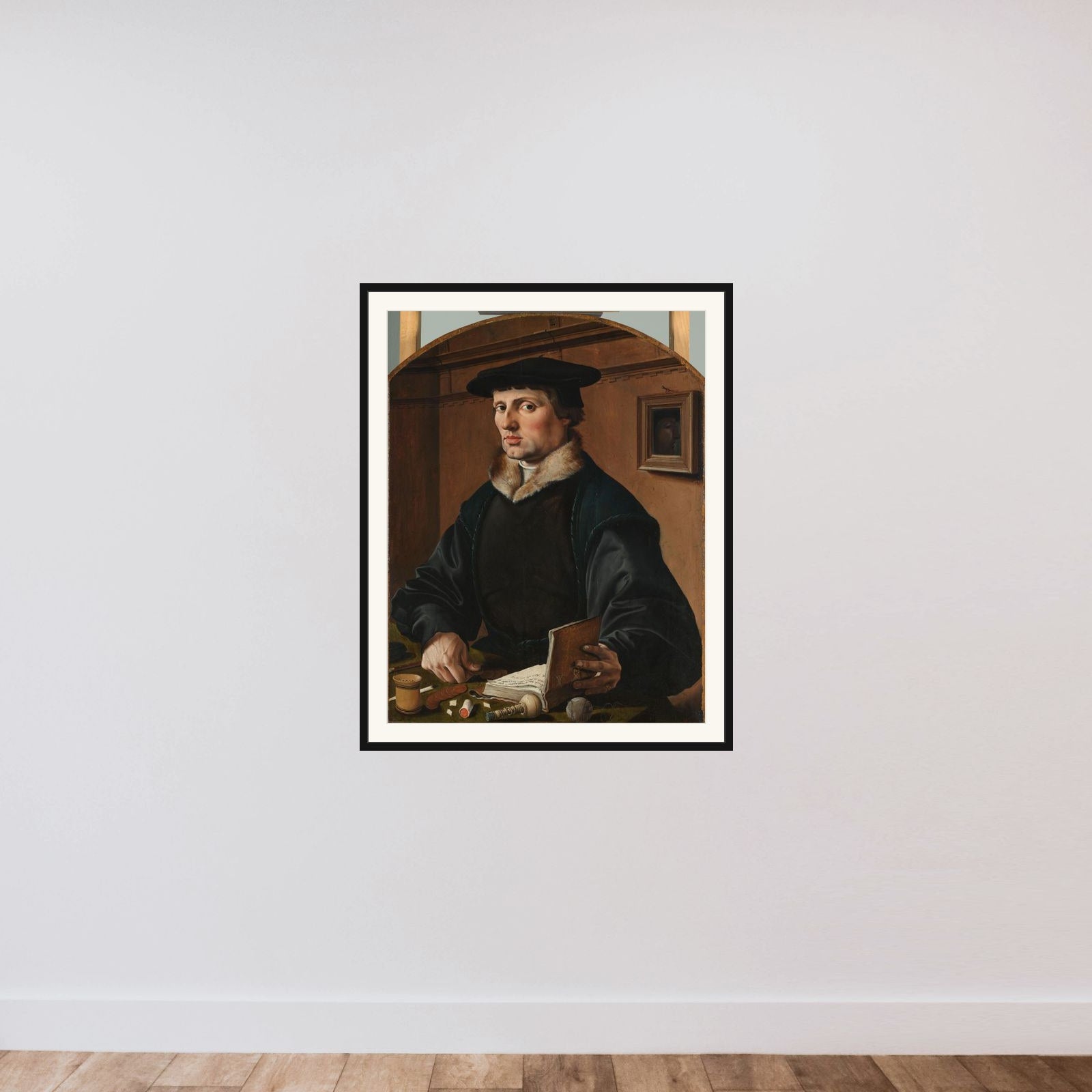 Portrait of a Man, Formerly Identified as Pieter Gerritsz Bicker (1497-1567), Mintmaster and Alderman of Amsterdam framed — shown to scale