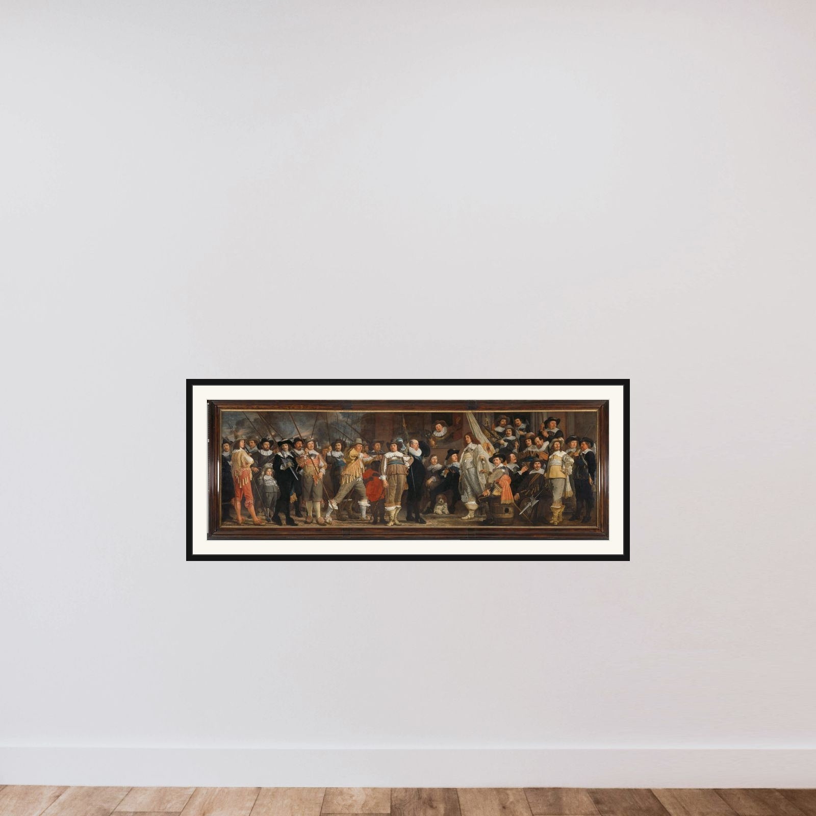The Company of Captain Roelof Bicker and Lieutenant Jan Michielsz Blaeuw in front of the De Haan Brewery at the Corner of the Geldersekade and the Boomsloot (called the Lastage) framed — shown to scale