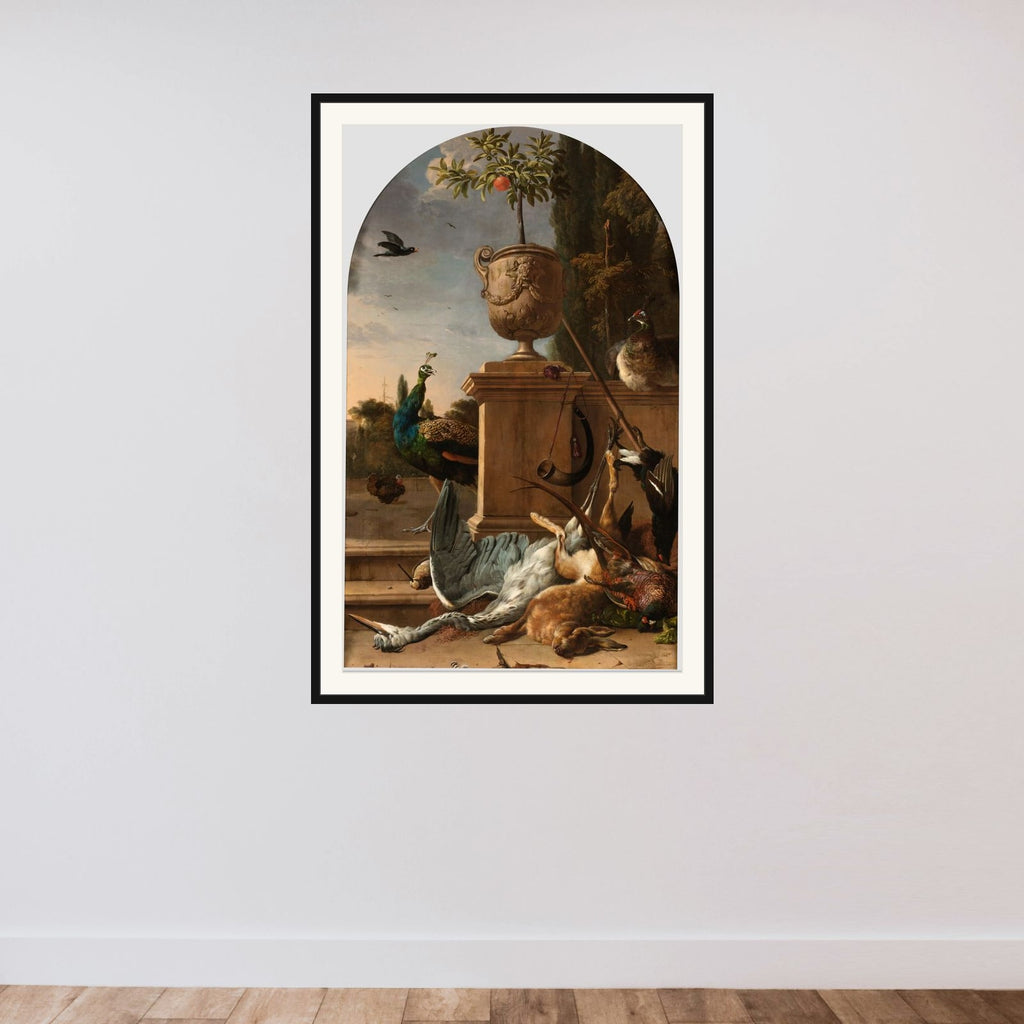 A Hunter's Bag on a Terrace framed — shown to scale