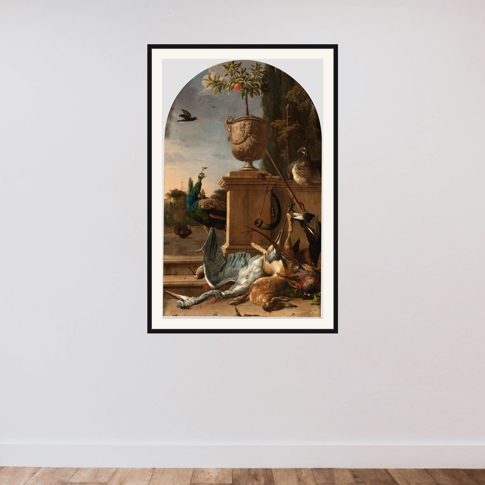 A Hunter's Bag on a Terrace framed — shown to scale