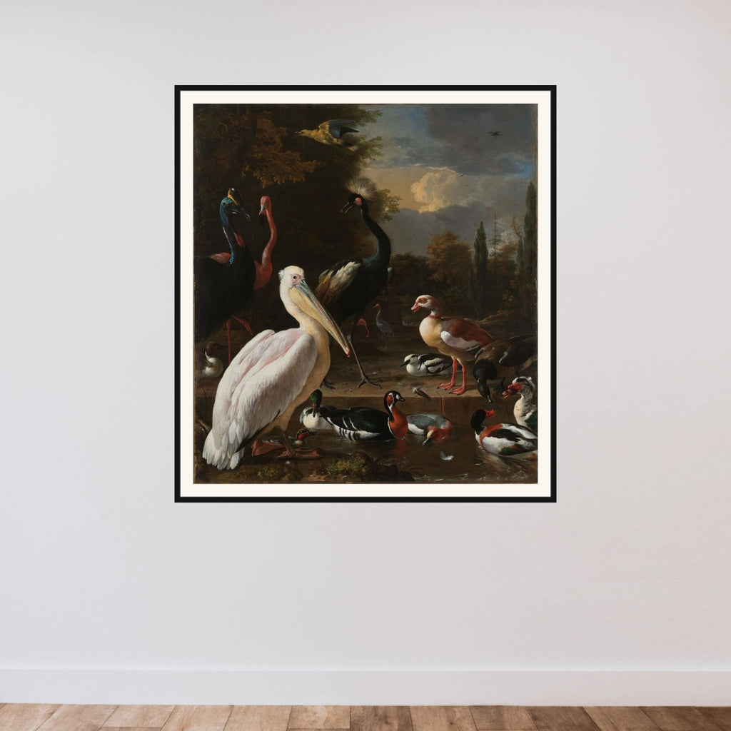 A Pelican and other Birds near a Pool, known as 'The Floating Feather' framed — shown to scale