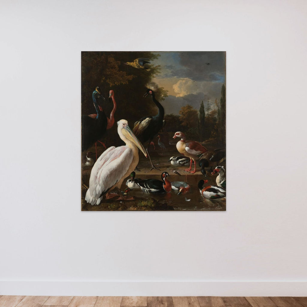 A Pelican and other Birds near a Pool, known as 'The Floating Feather' unframed — shown to scale