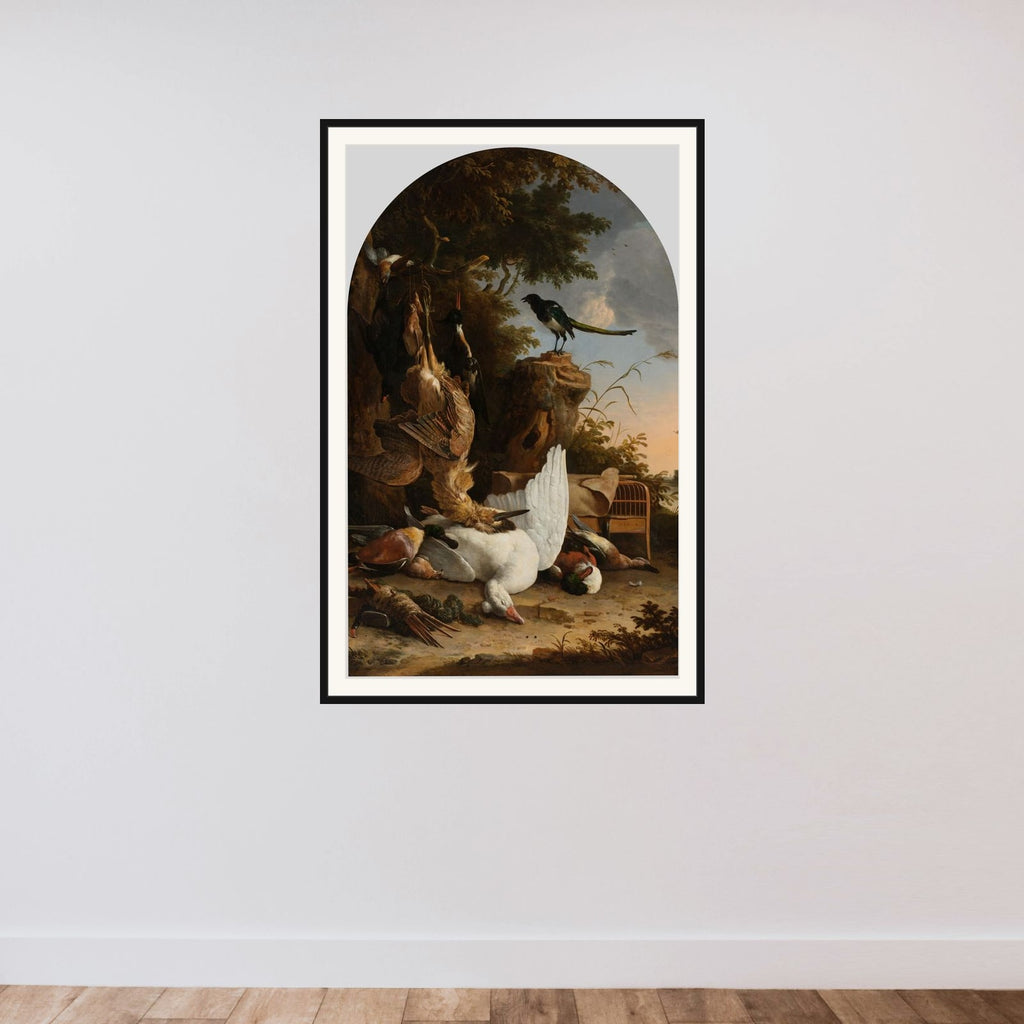 A Hunter's Bag, near a Tree Stump with a Magpie, known as 'The Contemplative Magpie' framed — shown to scale