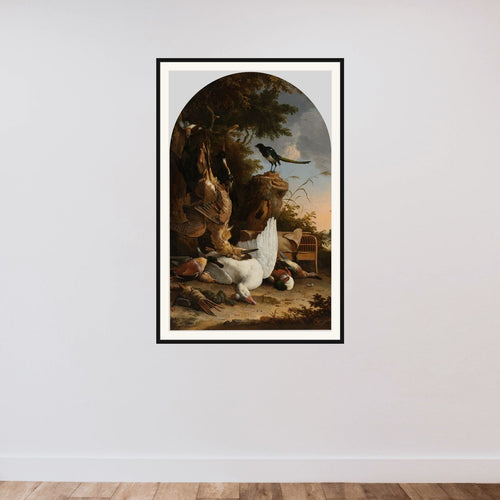 A Hunter's Bag, near a Tree Stump with a Magpie, known as 'The Contemplative Magpie' framed — shown to scale