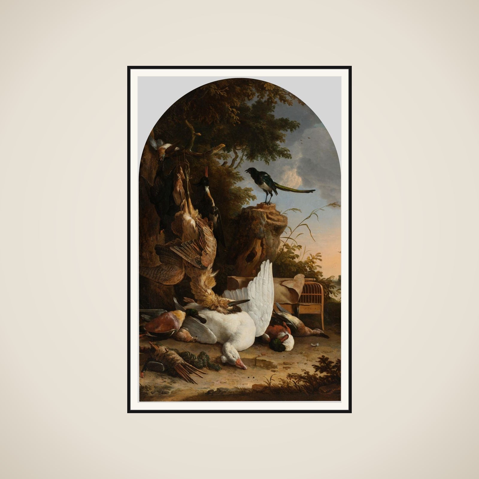 A Hunter's Bag, near a Tree Stump with a Magpie, known as 'The Contemplative Magpie' framed