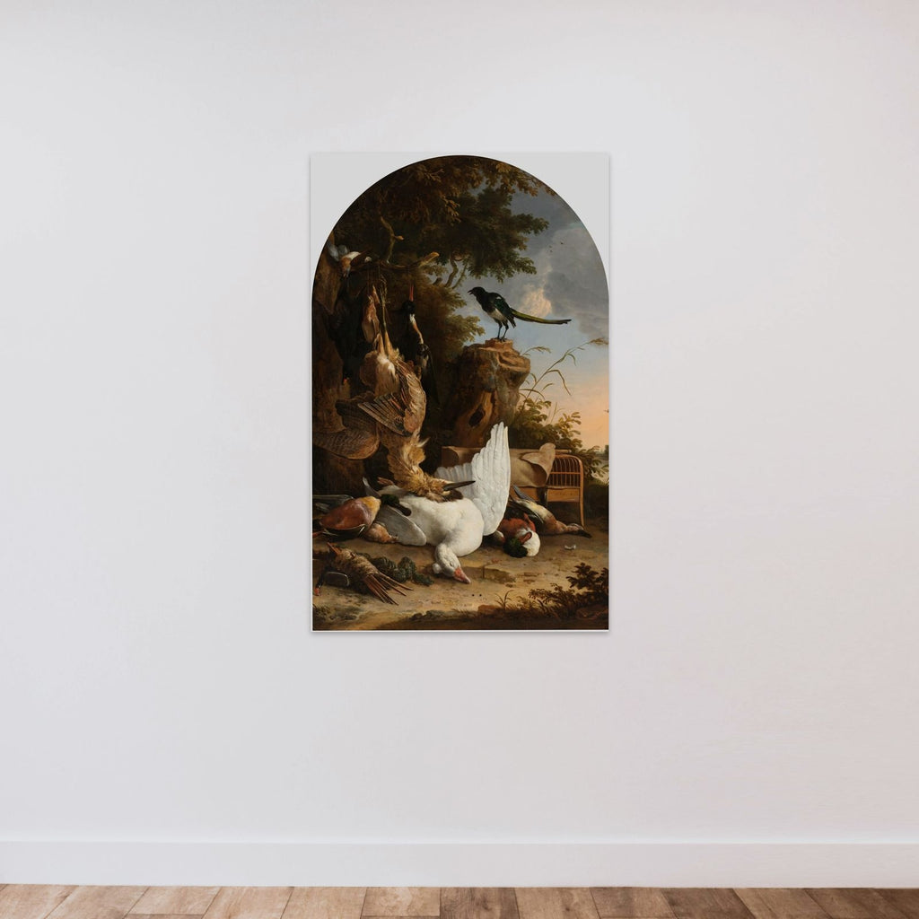 A Hunter's Bag, near a Tree Stump with a Magpie, known as 'The Contemplative Magpie' unframed — shown to scale