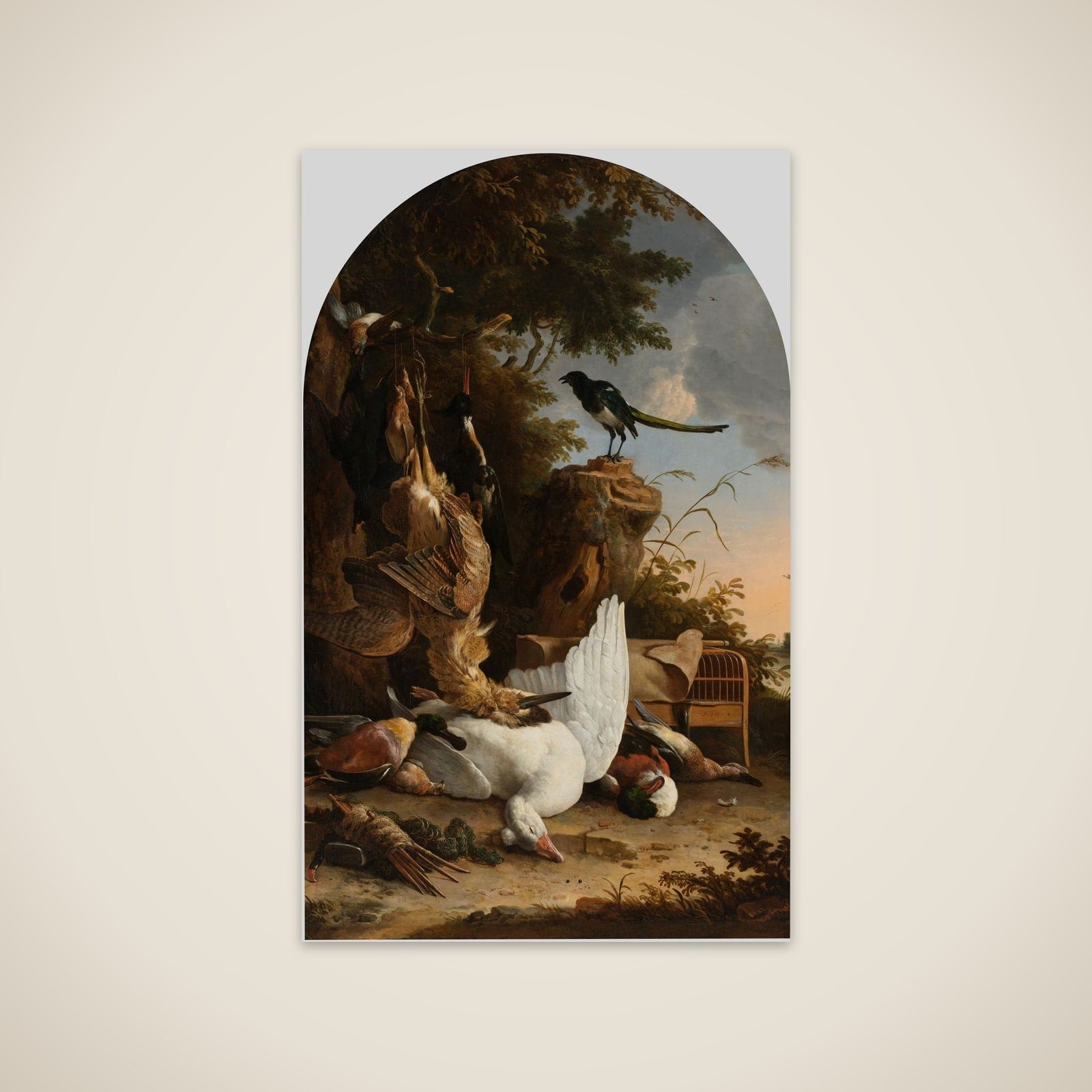 A Hunter's Bag, near a Tree Stump with a Magpie, known as 'The Contemplative Magpie' unframed print