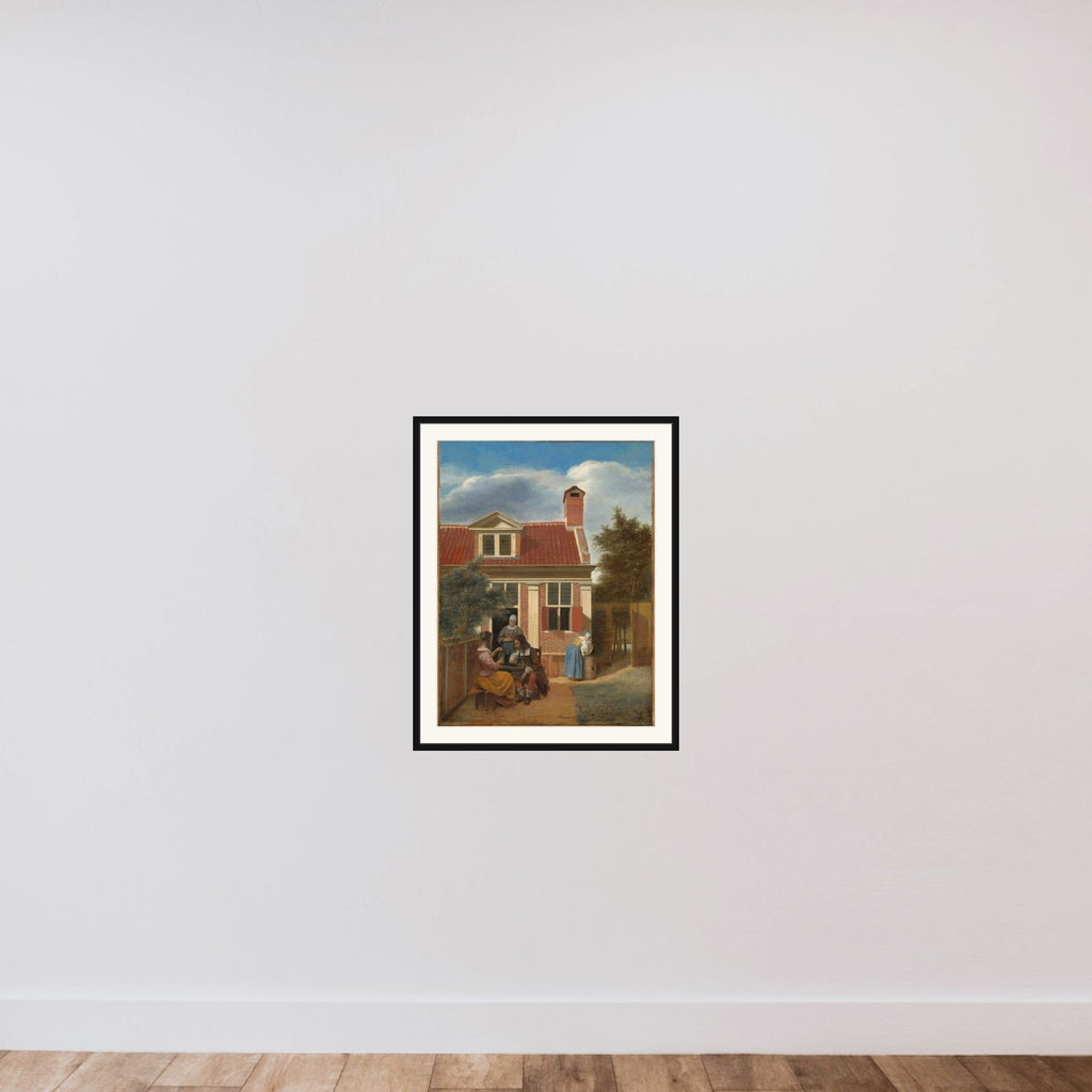 Three Women and a Man in the Courtyard behind a House framed — shown to scale
