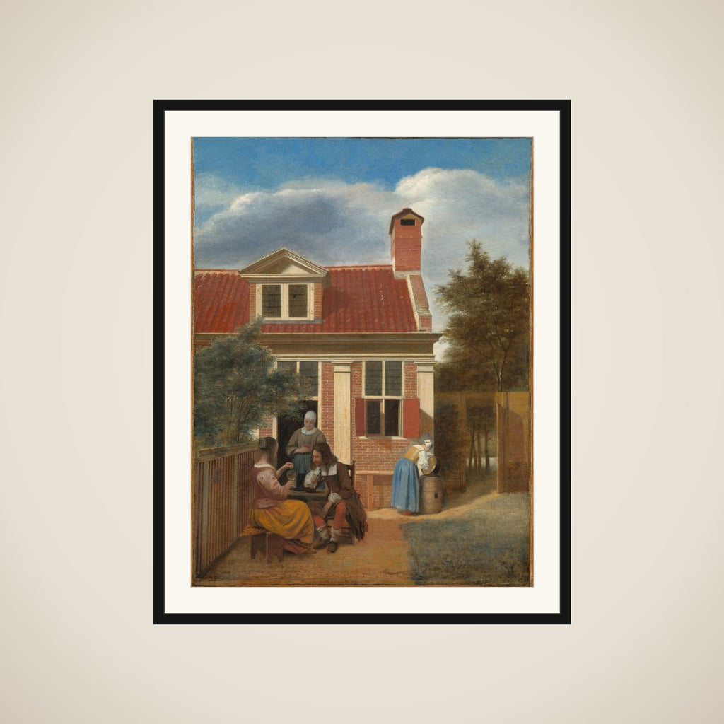 Three Women and a Man in the Courtyard behind a House framed