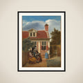 Three Women and a Man in the Courtyard behind a House framed