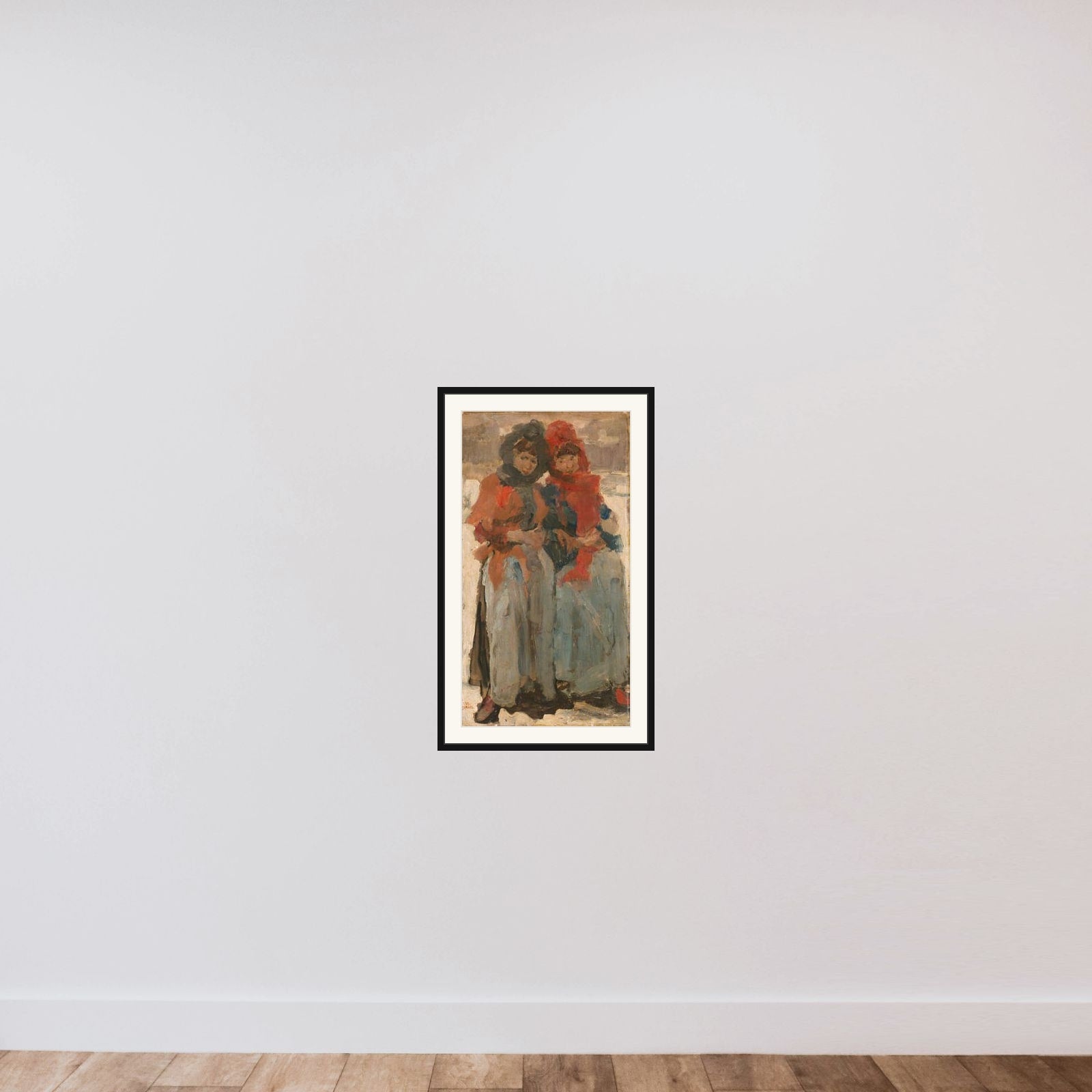 Two Young Women in the Snow framed — shown to scale