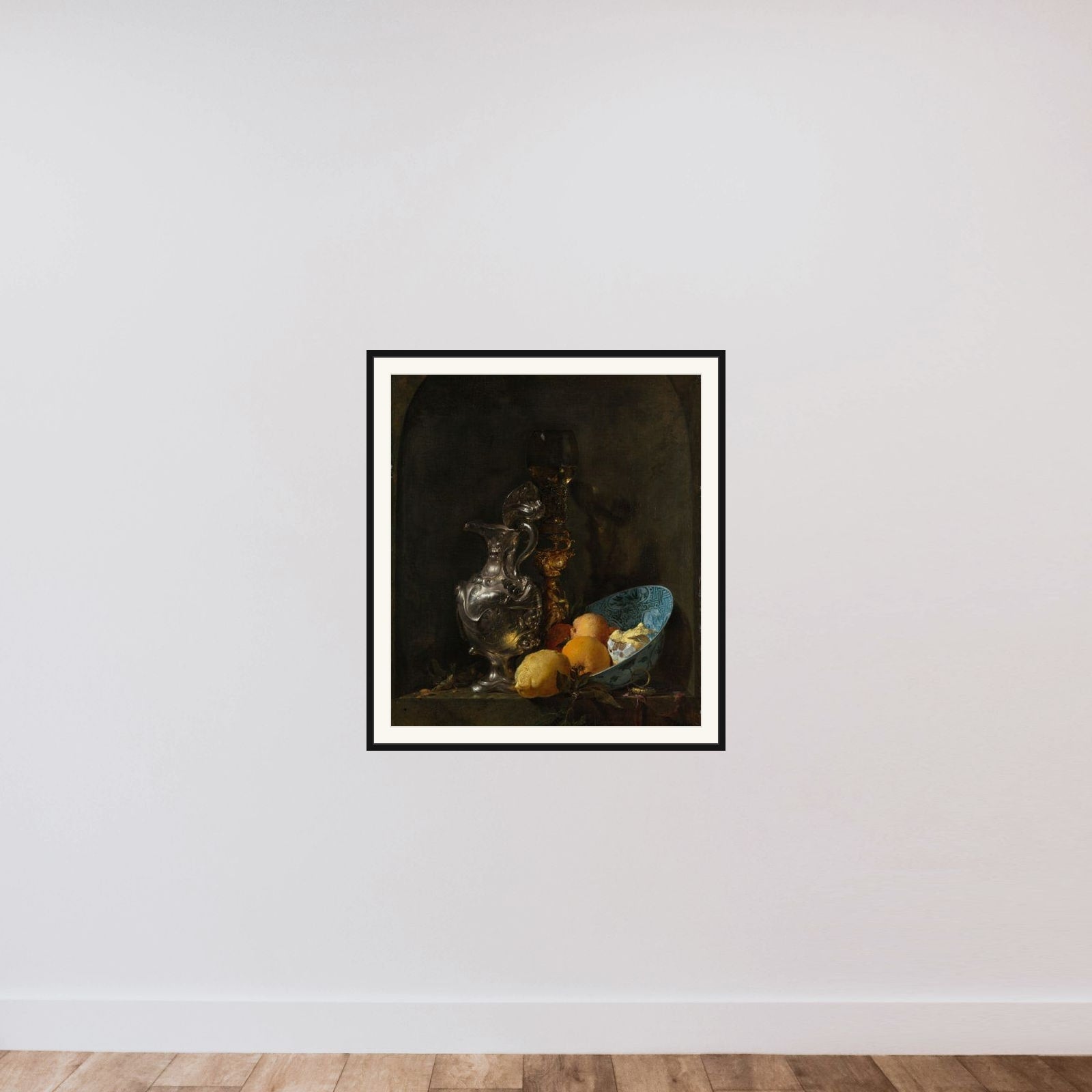 Still Life with a Silver Jug and a Porcelain Bowl framed — shown to scale