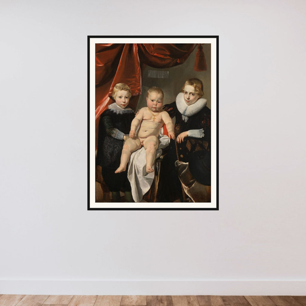 Group Portrait of Three Brothers, named Hendrick, Johannes and Simon framed — shown to scale