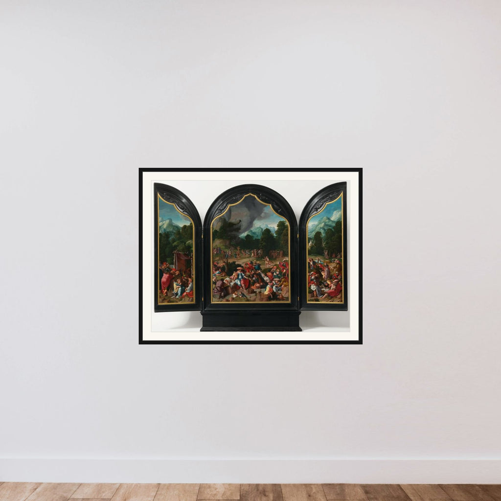 Triptych with the Adoration of the Golden Calf framed — shown to scale
